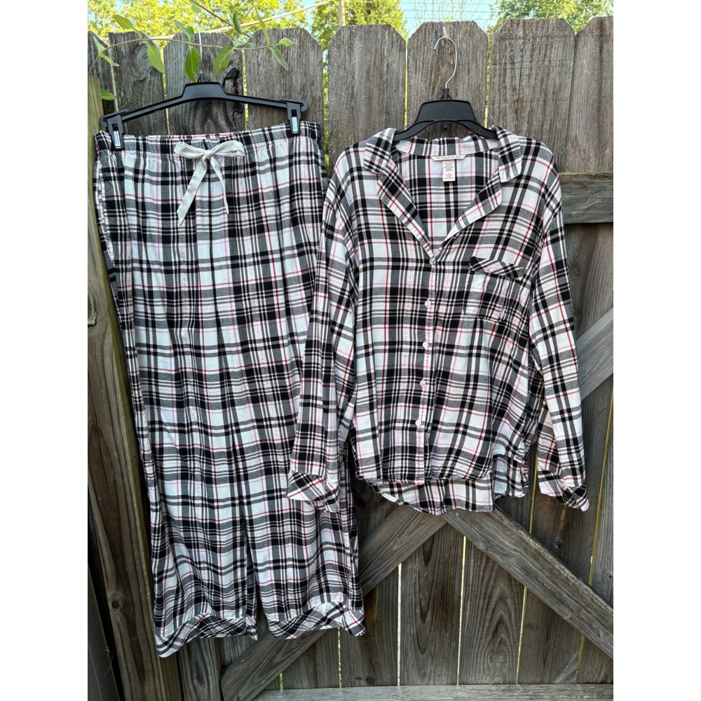 Victorias Secret Plaid Pajama Set Medium Pink Black White Cotton 817384-R8P